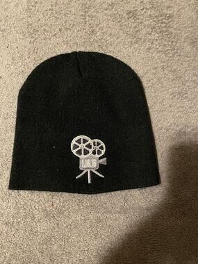 Black Beanie Hat Unisex One Size Film Projector Embroidered Logo Winter Knit